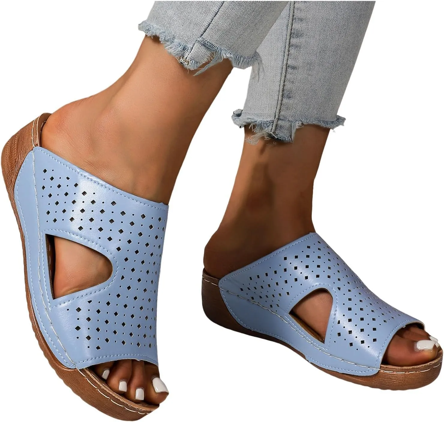 Women's Summer Casual Sandals 2025 Orthopedic Wedge Fish Mouth Hollow Out Fashionable Breathable Comfortable Sandals with Arch Support Slip On Beach Vacation Travel Working Shoes