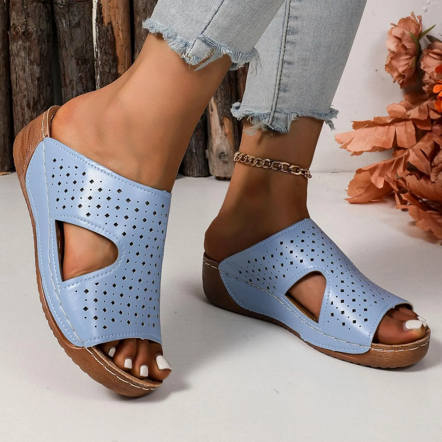 Women's Summer Casual Sandals 2025 Orthopedic Wedge Fish Mouth Hollow Out Fashionable Breathable Comfortable Sandals with Arch Support Slip On Beach Vacation Travel Working Shoes