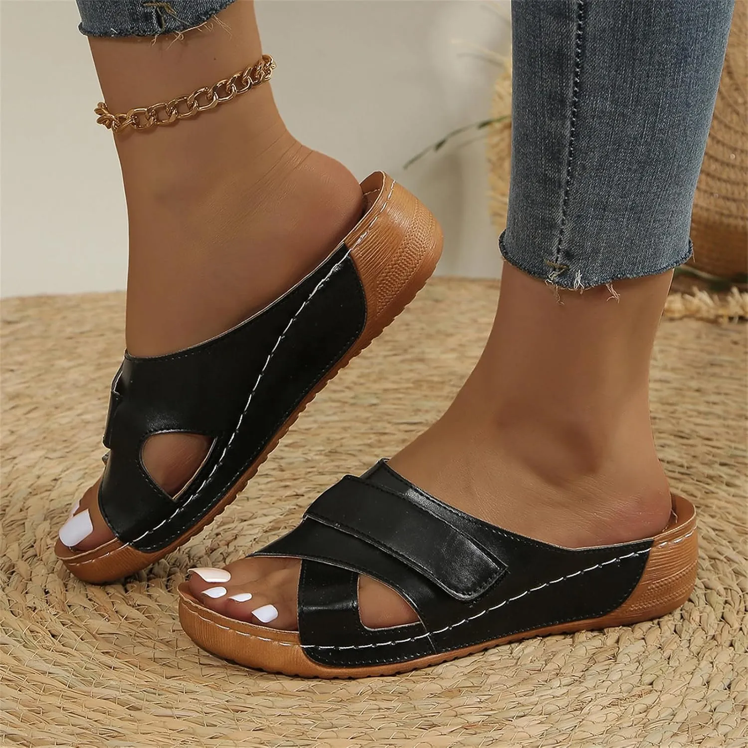 Womens Wedge Sandals Arch Support Orthopedic Comfortable Slip On Platform Sandals Casual Summer Dressy Breathable Walking Shoes