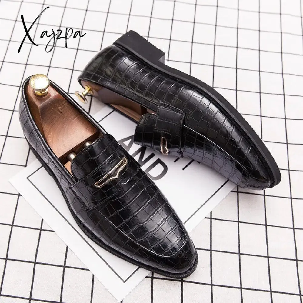 Xajzpa - Fashion Loafers Men Shoes Business Casual Wedding Party Daily Classic PU Solid Color Crocodile Pattern Mask Slip-On Dress Shoes