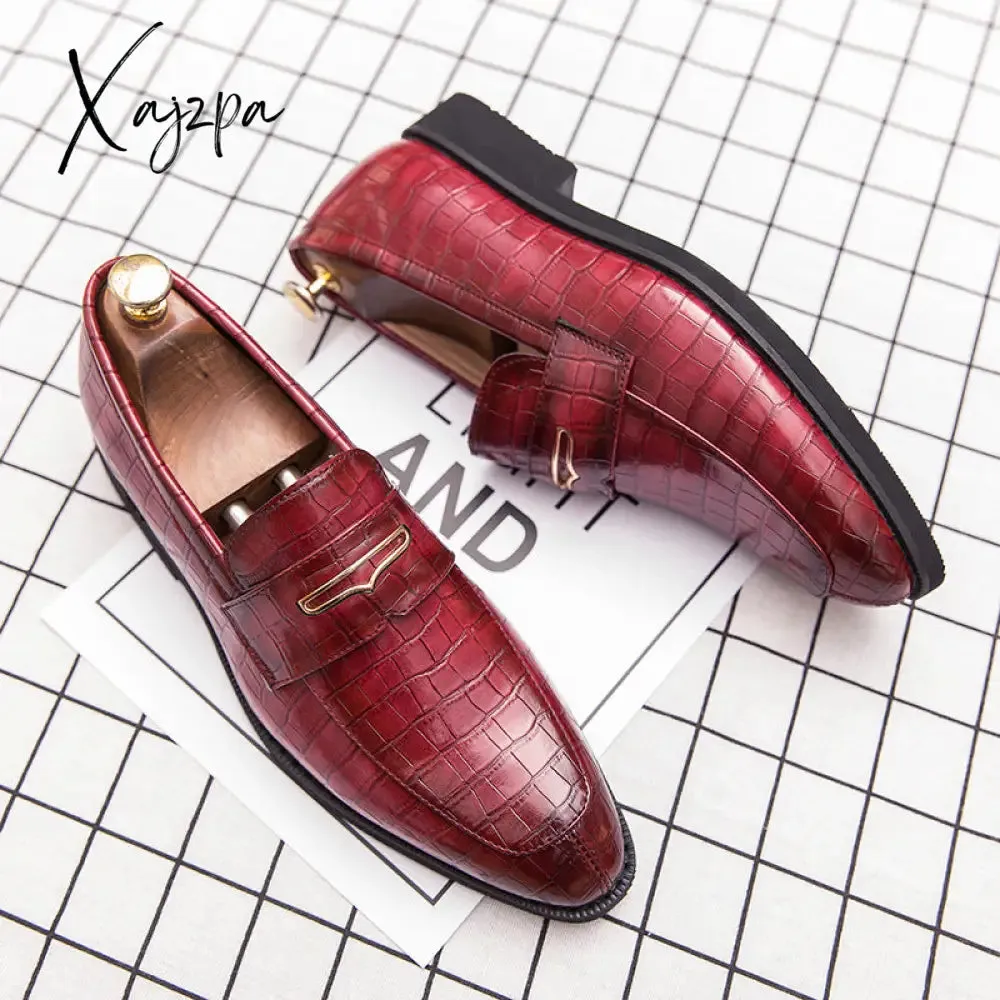 Xajzpa - Fashion Loafers Men Shoes Business Casual Wedding Party Daily Classic PU Solid Color Crocodile Pattern Mask Slip-On Dress Shoes