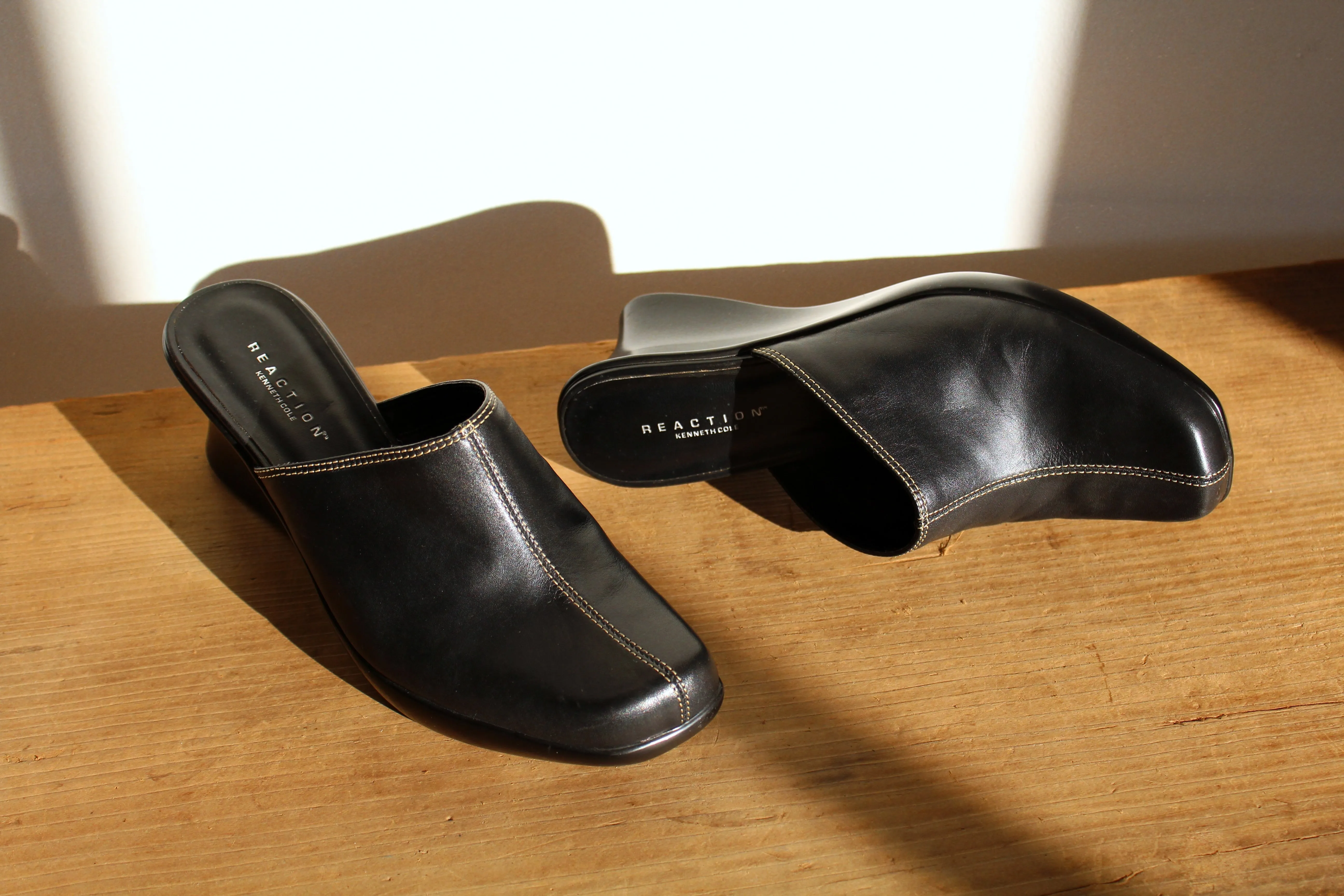 Y2K Reaction by Kenneth Cole Black Leather Wedge Mules w/ White Top Stitching - Size 8M