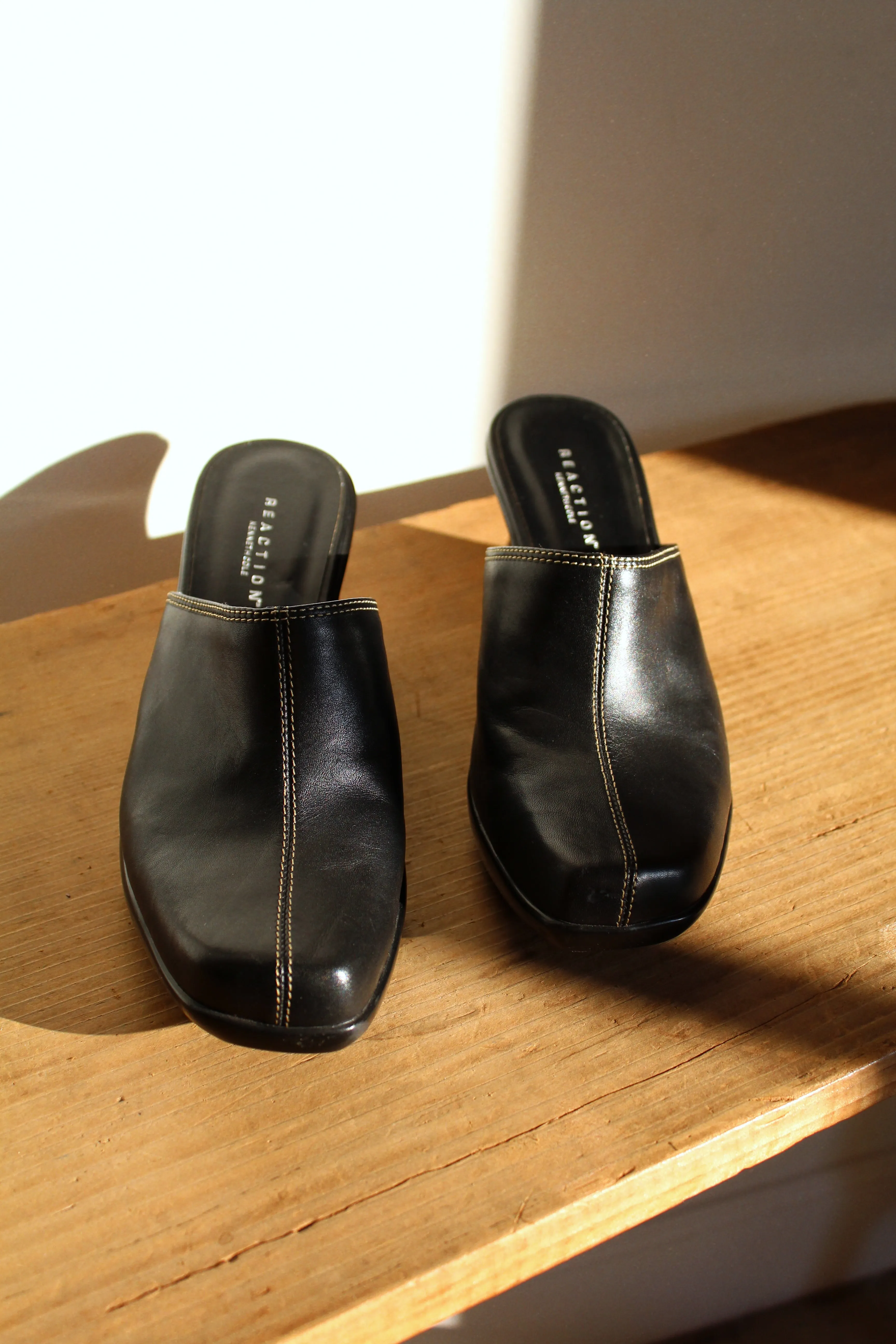 Y2K Reaction by Kenneth Cole Black Leather Wedge Mules w/ White Top Stitching - Size 8M