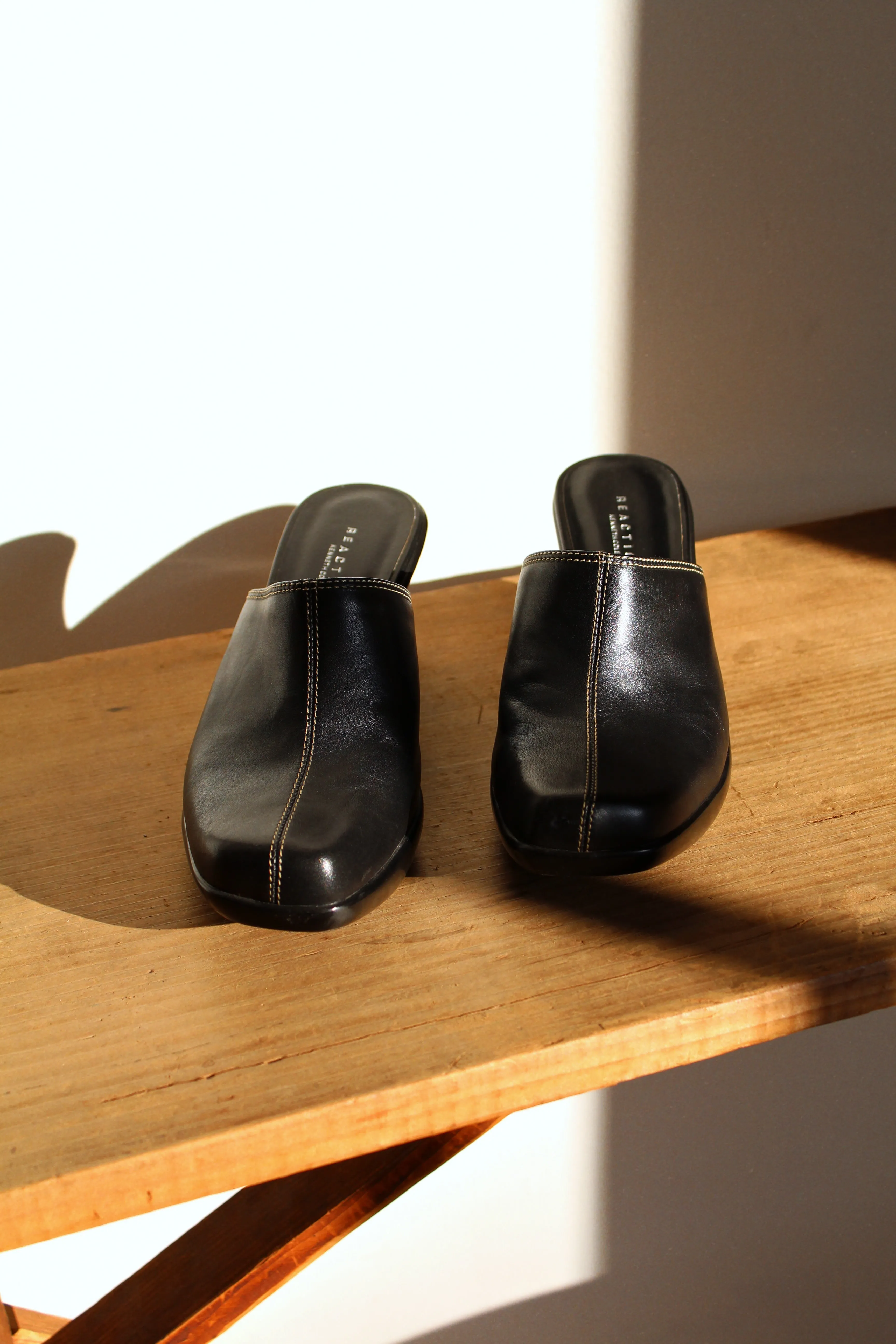 Y2K Reaction by Kenneth Cole Black Leather Wedge Mules w/ White Top Stitching - Size 8M