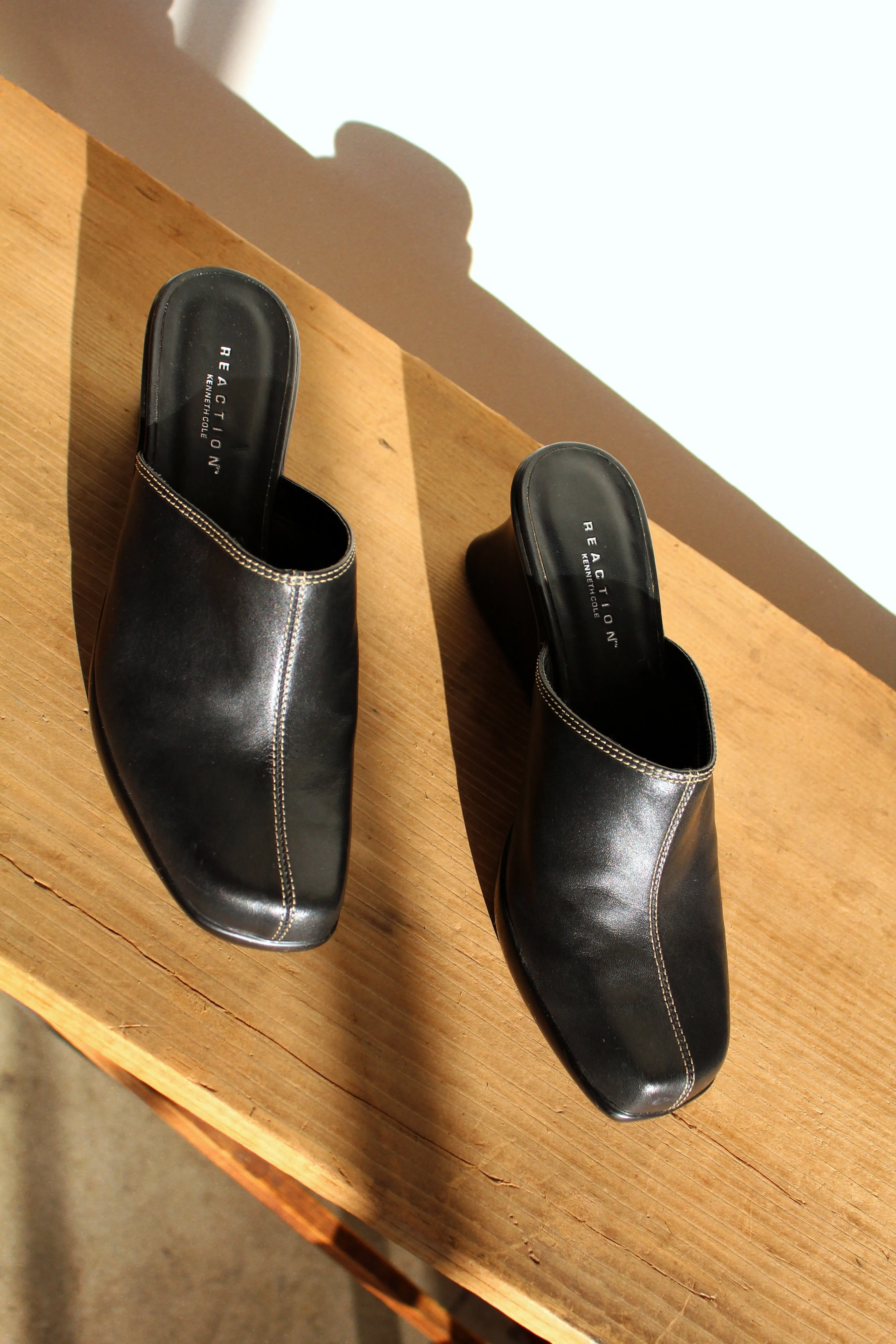 Y2K Reaction by Kenneth Cole Black Leather Wedge Mules w/ White Top Stitching - Size 8M